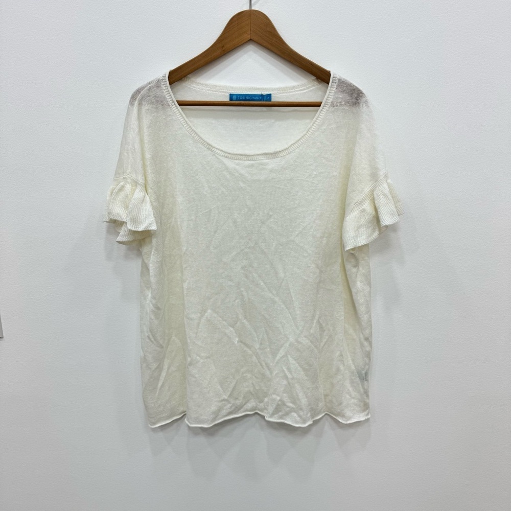 Tori Richard Cream Short Sleeve Ruffle-Sleeve Knit Top 100% linen